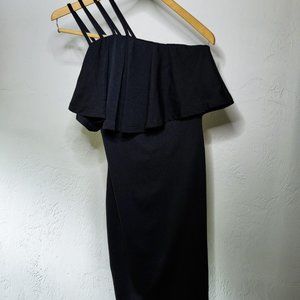 Women's Small Black Dress One Shoulder Asymmetric Ruffle